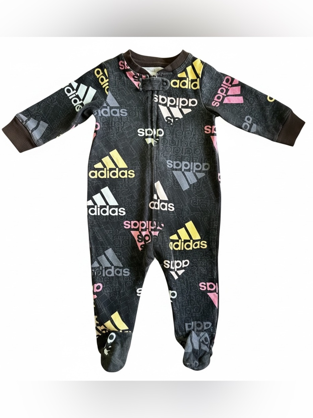 adidas Black Footed One-Piece with Pink Yellow and Gray Logos 6M